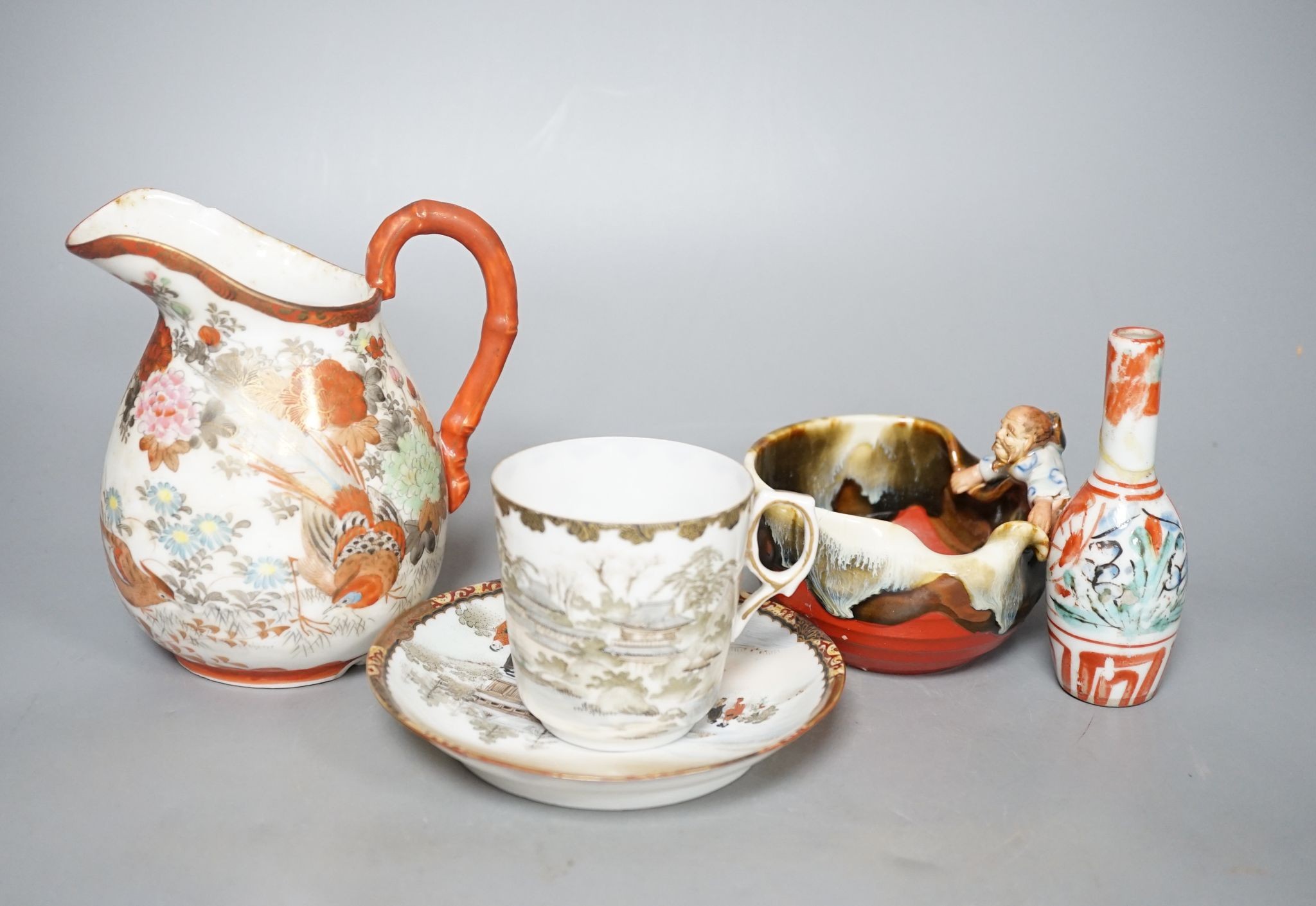 Japanese Satsuma pottery teacup and saucer, various Japanese excel porcelain cups and saucers and a Sumida bowl